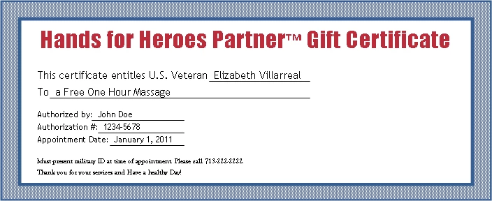 Hands For Heroes Partner Gift Certificate sample